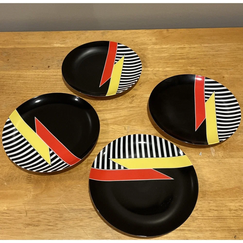 Vtg Fitz & Floyd Accolade Salad Plates Black Stripes Yellow Red Set of 4 Japan